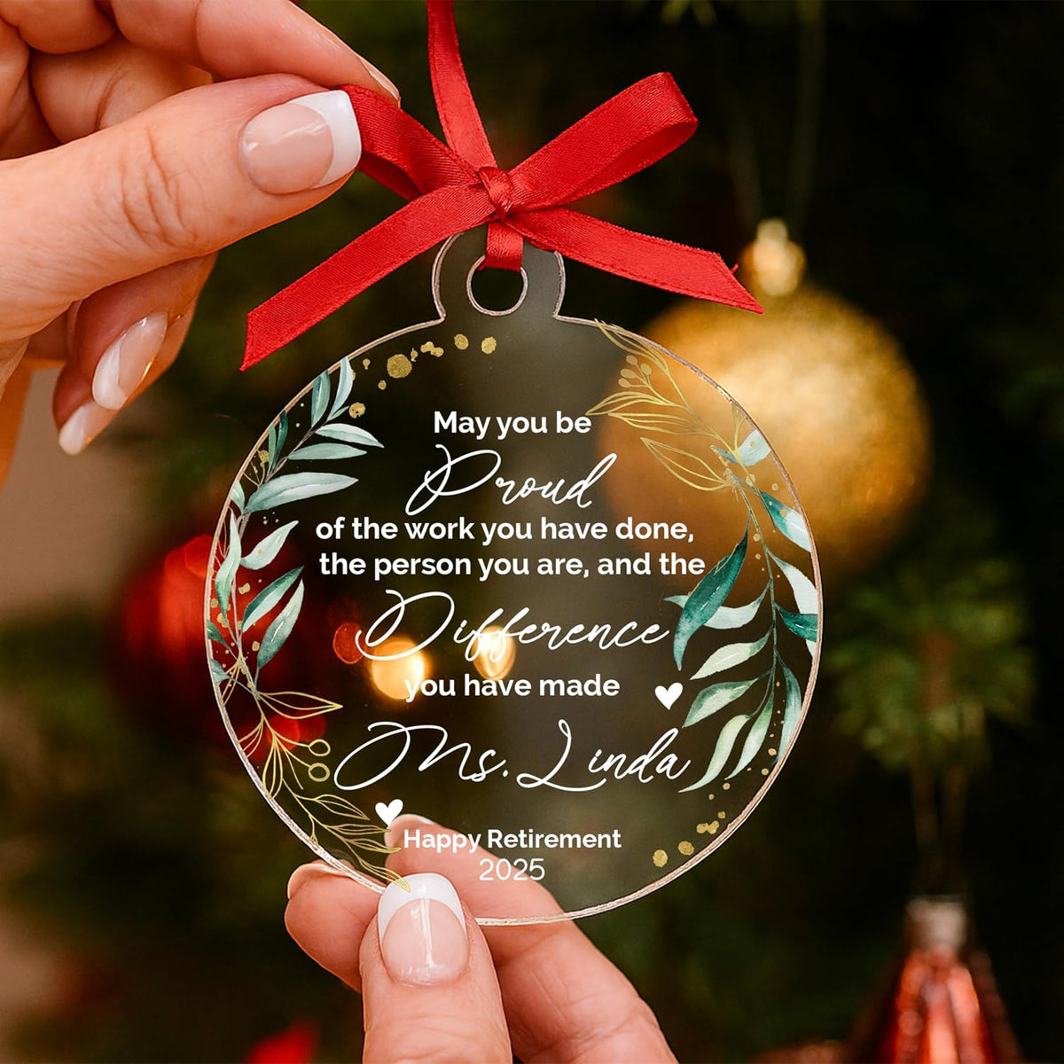 Retirement Ornament Keepsake – Personalized Retirement Gift for Coworker, Boss, Teacher or Nurse – Custom Acrylic Holiday Decoration to Celebrate Years of Service and New Beginnings