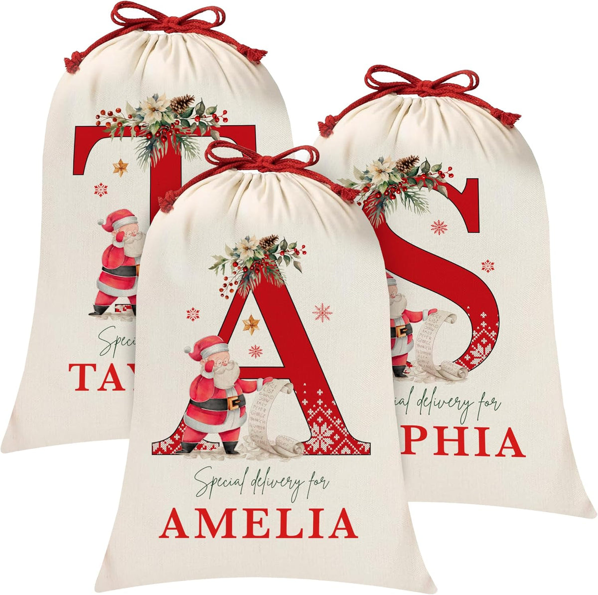 Custom Initial Christmas Santa Sack, Monogrammed Xmas Gift Pouch Bag
