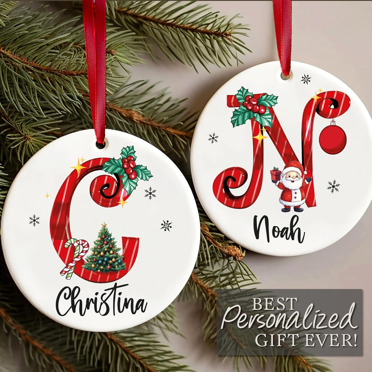 Personalized 2025 Ceramic Tree Ornaments - Custom Monogrammed Initial & Name Holiday Decor - Yearly Keepsake with Letter, Name & Date for Family & Friends