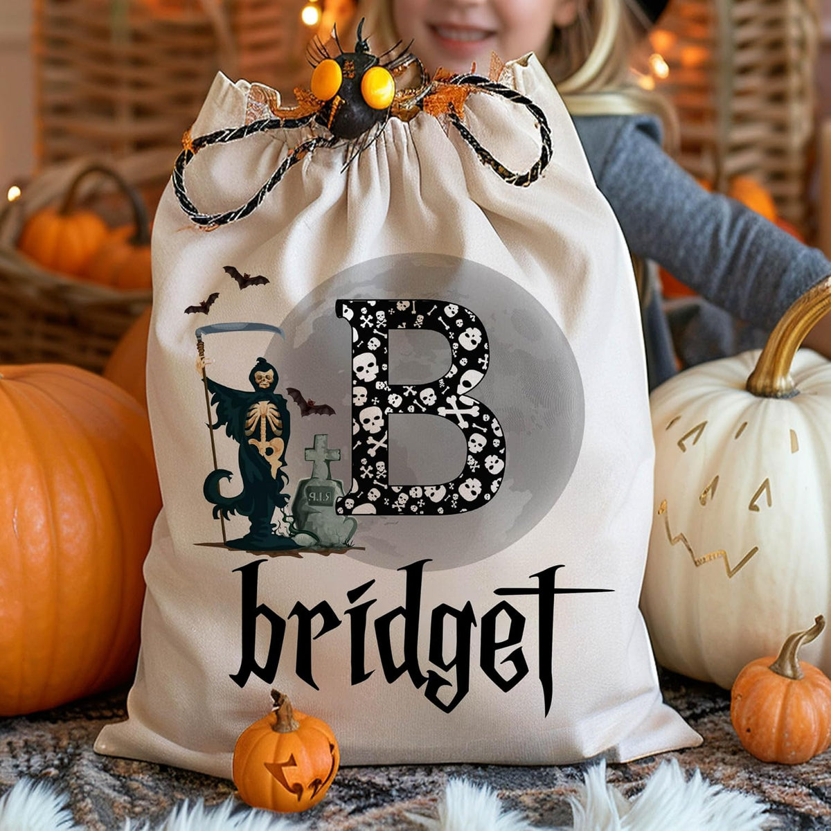 Personalized Halloween Trick or Treat Candy Sack - Customized Reusable Creepy and Funny Pumpkin Goodie Bag - Cotton Sacks 16 X 24 with 6 Design - Gift for Halloween Parties