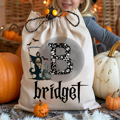 Personalized Halloween Trick or Treat Candy Sack - Customized Reusable Creepy and Funny Pumpkin Goodie Bag - Cotton Sacks 16 X 24 with 6 Design - Gift for Halloween Parties