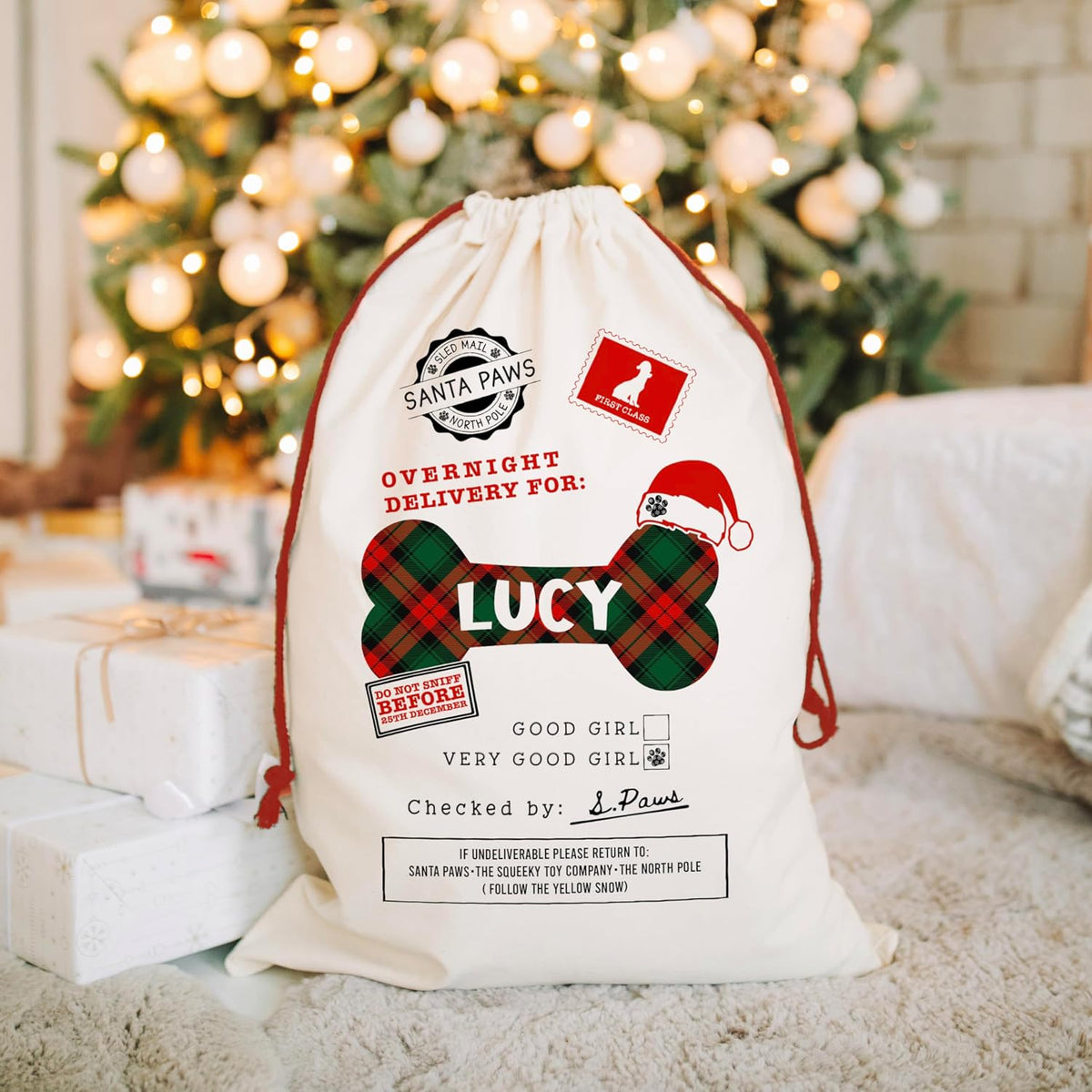 Personalized Pet Christmas Santa Sack, Custom Holiday Gift Bag for Dogs