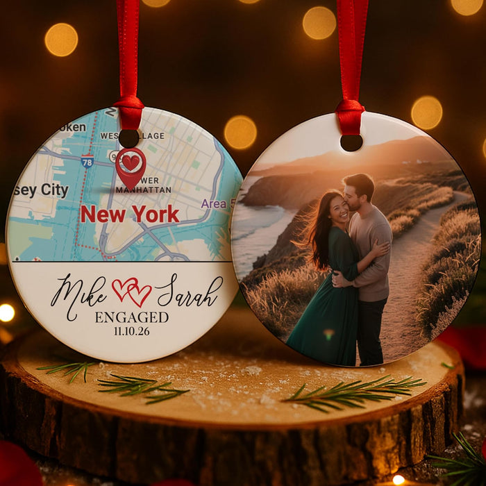 Personalized Map Ornament – Where It All Began Location Ornament with Couple Names & Date and Photo on Back – Custom Engagement, Where We Met, First Christmas & Anniversary Keepsake Gift for Couples