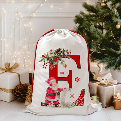 Christmas Gift Santa Sack with Monogram Initials - Holiday Present Bag for Family, Mom & Dad - Pouch for Special Occasions (D)