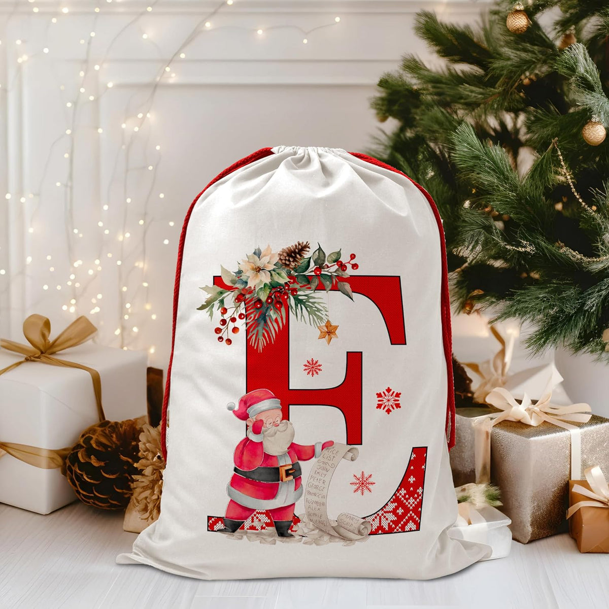 Christmas Gift Santa Sack with Monogram Initials - Holiday Present Bag for Family, Mom & Dad - Pouch for Special Occasions (G)