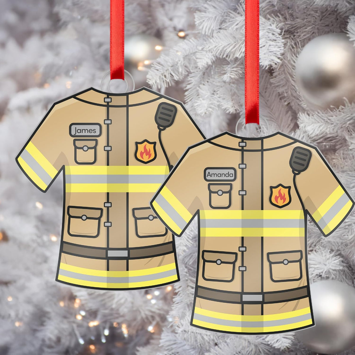 Personalized Firefighter Uniform Ornament – Custom Acrylic Christmas Keepsake with Name on Tan Reflective Design – Fireman Gift for Family, Friends, Hero First Responder Tree Decoration