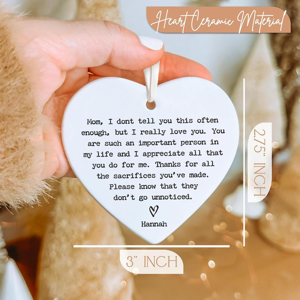 Personalized Heart Ceramic Ornament for Mom Grandma - Custom Message Keepsake with Name - Gift for Mother’s Day, Christmas, Birthday from Daughter - Heart or Round Ornament Options