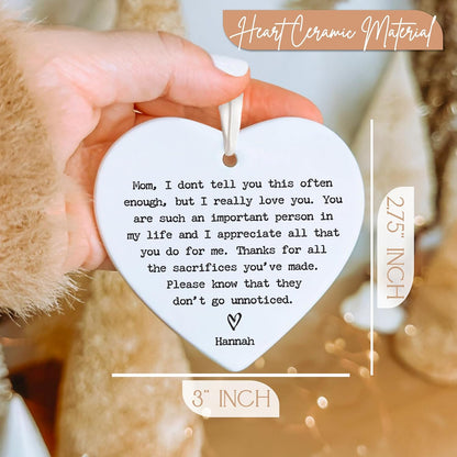 Personalized Heart Ceramic Ornament for Mom Grandma - Custom Message Keepsake with Name - Gift for Mother’s Day, Christmas, Birthday from Daughter - Heart or Round Ornament Options