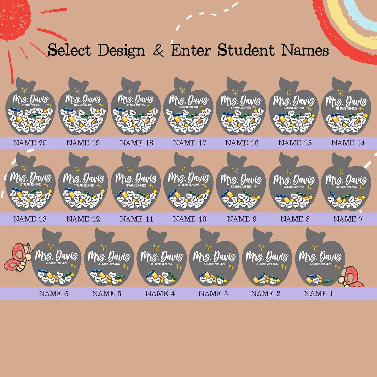 Personalized Teacher Apple Gift with Student Names, Custom Class Keepsake