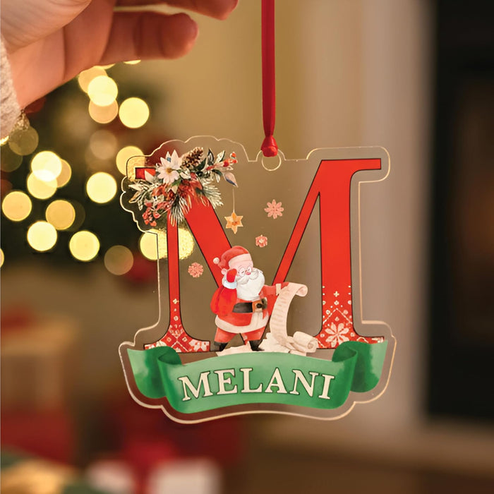 Personalized Santa Initial Ornament - Custom Acrylic Letter Christmas Decoration with Name - Holiday Tree Gift for Kids, Girls, Boys, Family - Santa List Monogram Ornament