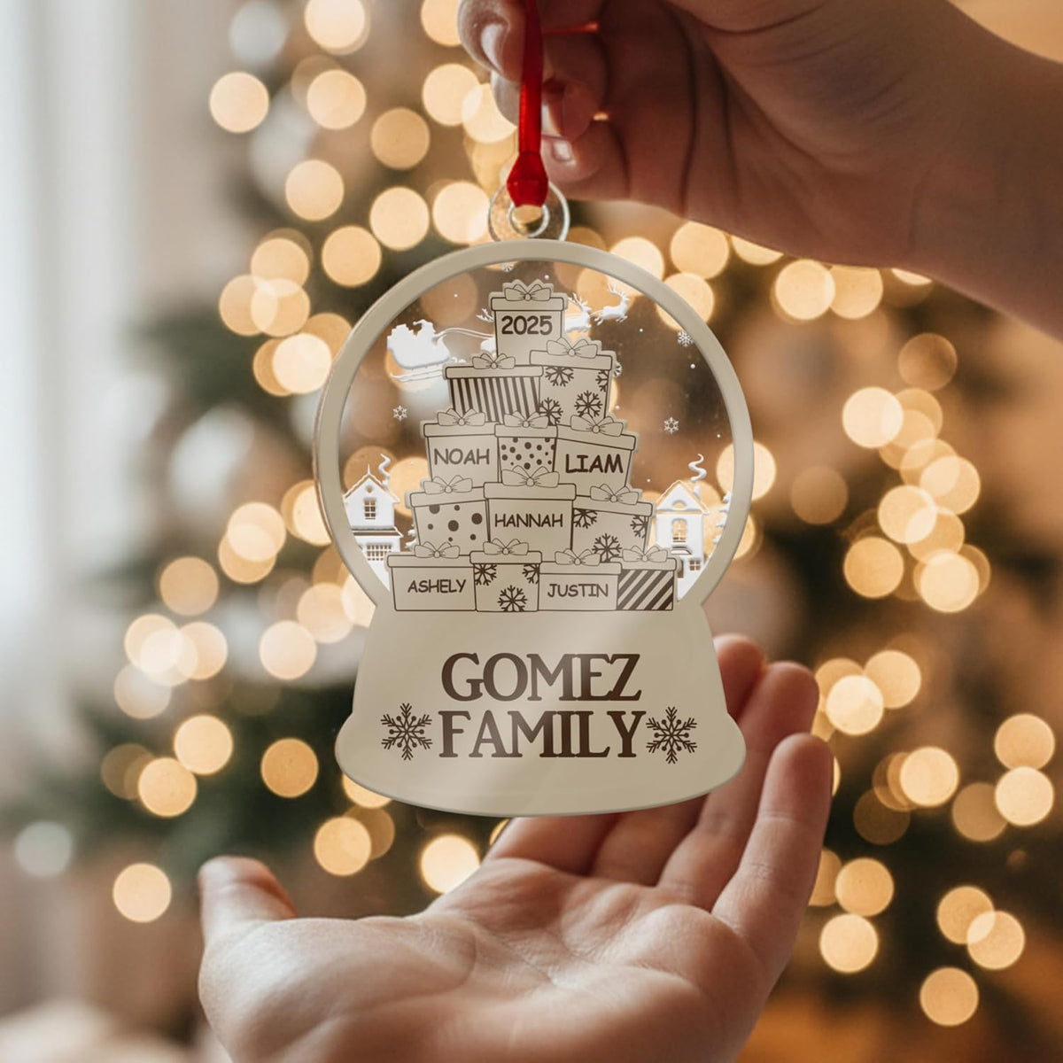 Personalized Family Ornament - Custom Snow Globe with Names on Presents - Acrylic Xmas Tree Decoration for Family, Friends, Kids - Add Up to 10 Names & Year - Holiday Keepsake