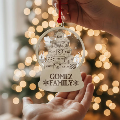 Personalized Family Ornament - Custom Snow Globe with Names on Presents - Acrylic Xmas Tree Decoration for Family, Friends, Kids - Add Up to 10 Names & Year - Holiday Keepsake