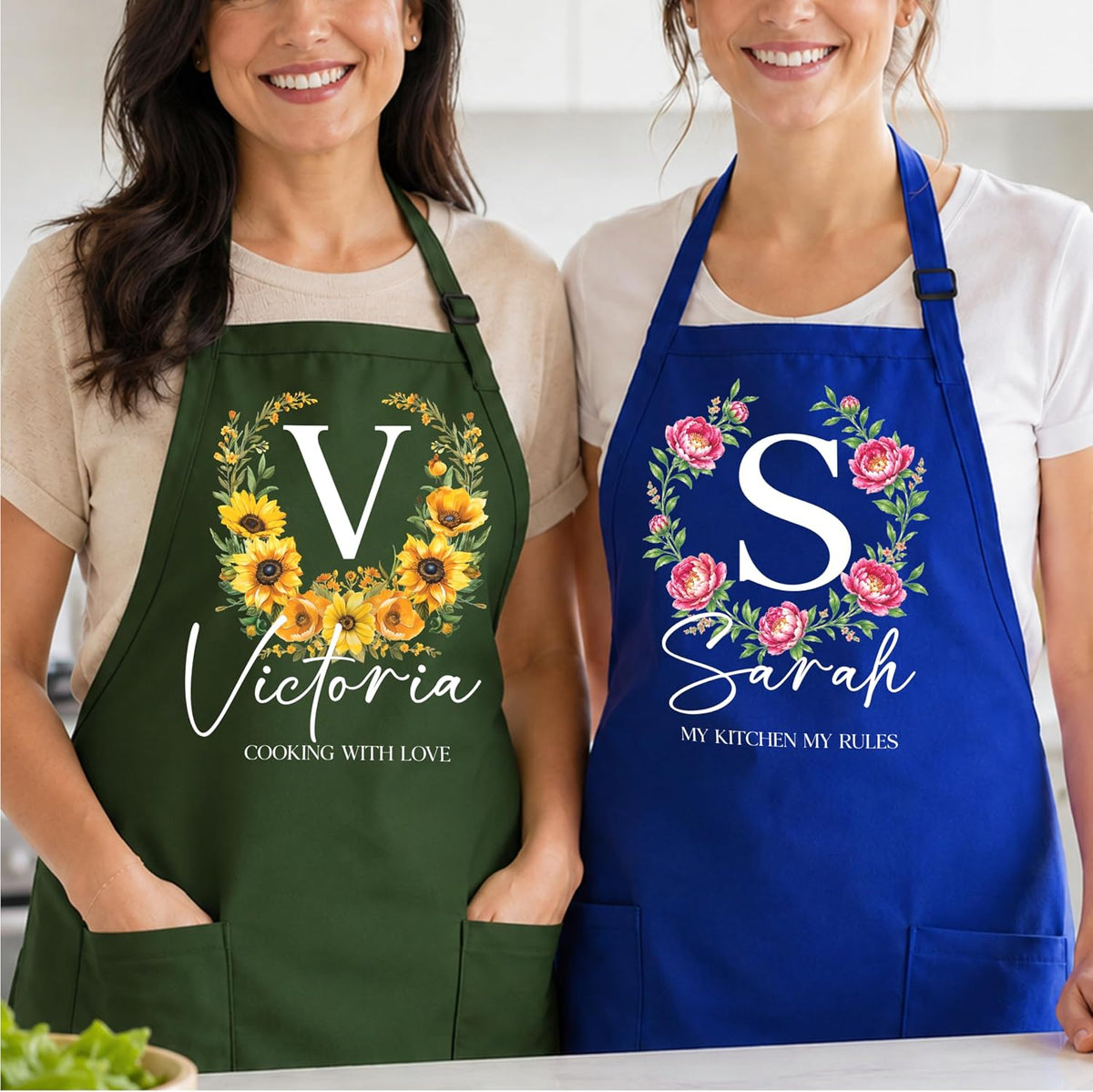 Personalized Apron with Name Custom Floral Initial Gift for Mom Grandma