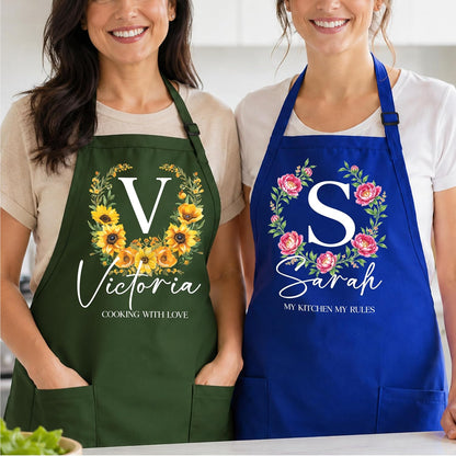Personalized Apron with Name Custom Floral Initial Gift for Mom Grandma