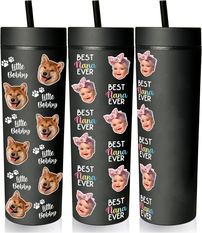 Personalized Custom Face Tumbler - Add Your Pet's or Loved One's Face & Name - 16 Oz Black Double-Walled Stainless Steel Travel Mug w/Reusable Straw - Coffee Cup Friends & Family