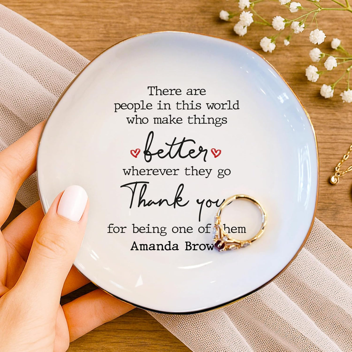 Personalized Thank You Jewelry Tray with Custom Name - Ceramic Jewelry Trinket Plate with Heartwarming Message - Appreciation Gift for Women, Nurse, Teacher, Mom, Best Friend, Birthday, Christmas