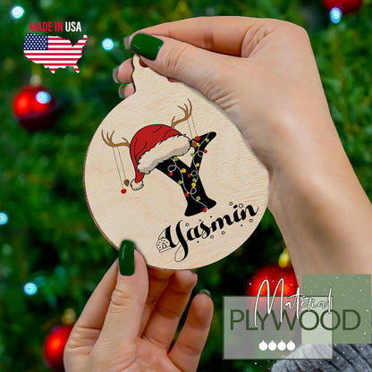 Personalized Christmas Santa Hat Initial Ornament, Customized Wooden Family Name Xmas Tree Decoration, Custom Monogrammed Stocking & Gift Bag Tag