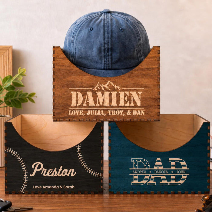 Personalized Wooden Hat Holder, Baseball Cap Organizer for Dad Grandpa Husband, Father Gift for Him, Custom Hat Storage Box with Kids Name, Birthday Gift for Men, Man Cave Decor