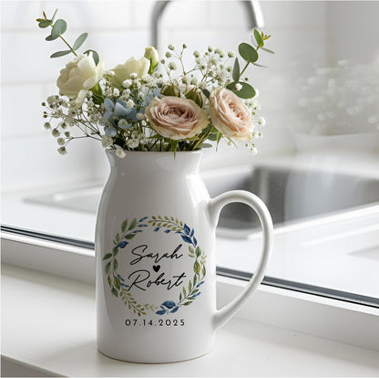 Personalized Ceramic Pitcher Vase, Floral Wreath Design Jug for Mom, Grandma, or Couple, Printed Flower Design, Thoughtful Gift for Mother’s Day, Wedding, Anniversary, Christmas or Home Décor Keepsake