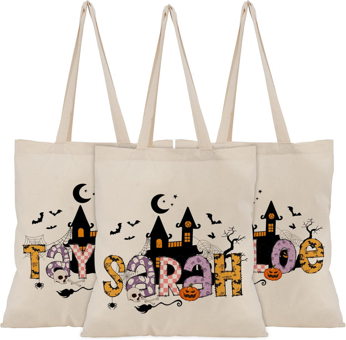 Custom Initial Halloween Trick-Treat Tote Bag, Witch Haunted Castle Goodie Bag