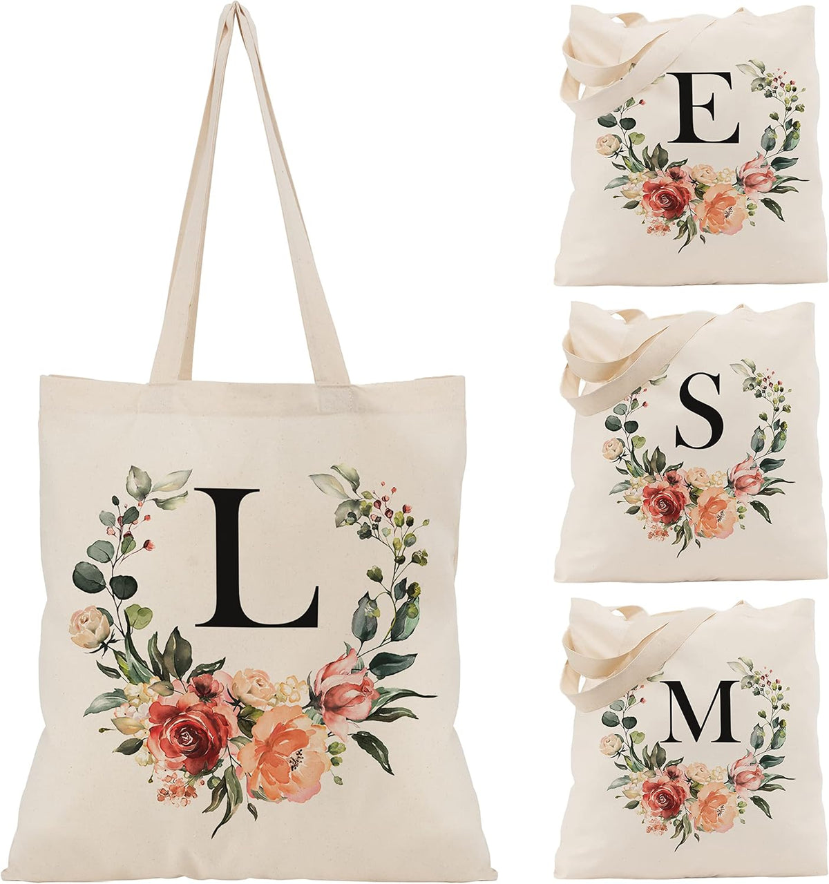 Floral Initial Tote Bag for Women - Personalized Canvas Bag for Bridesmaid Gifts - Monogrammed Aestetic Teacher Totes Bags (Initial #L)