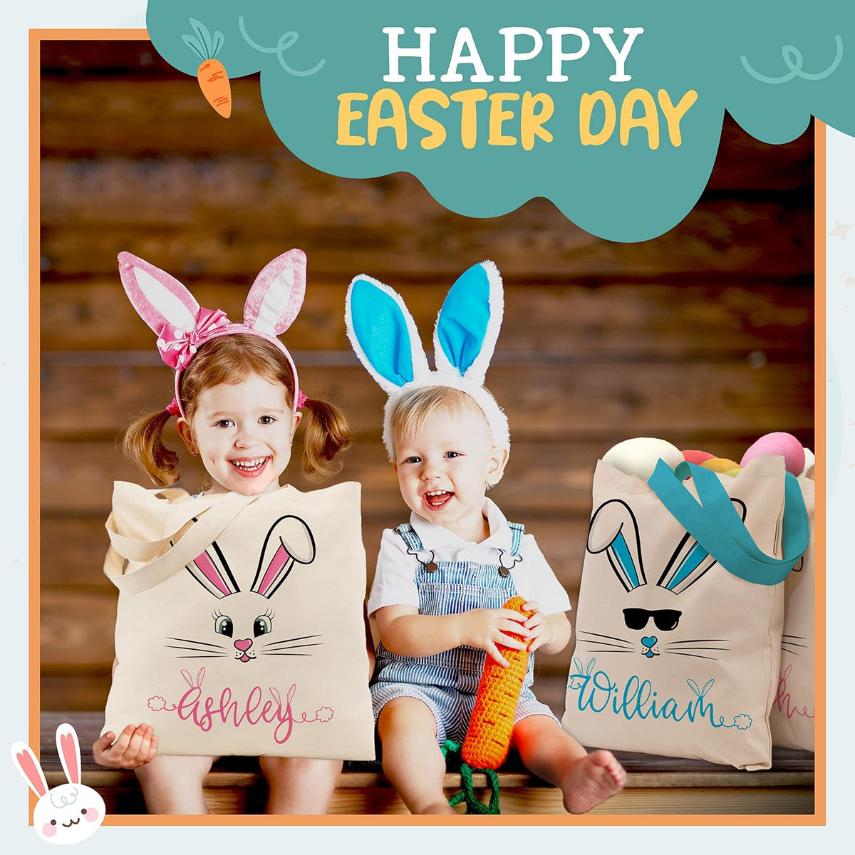 Personalized Easter Bunny Tote Bag with Name, Custom Egg Hunt Gift