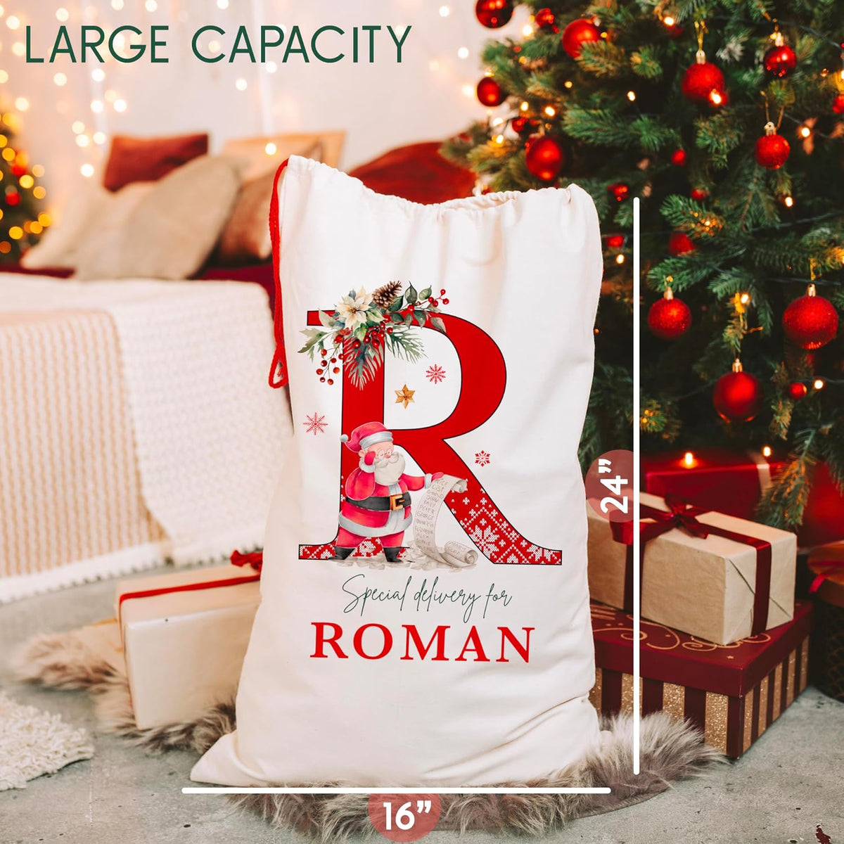 Custom Initial Christmas Santa Sack, Monogrammed Xmas Gift Pouch Bag