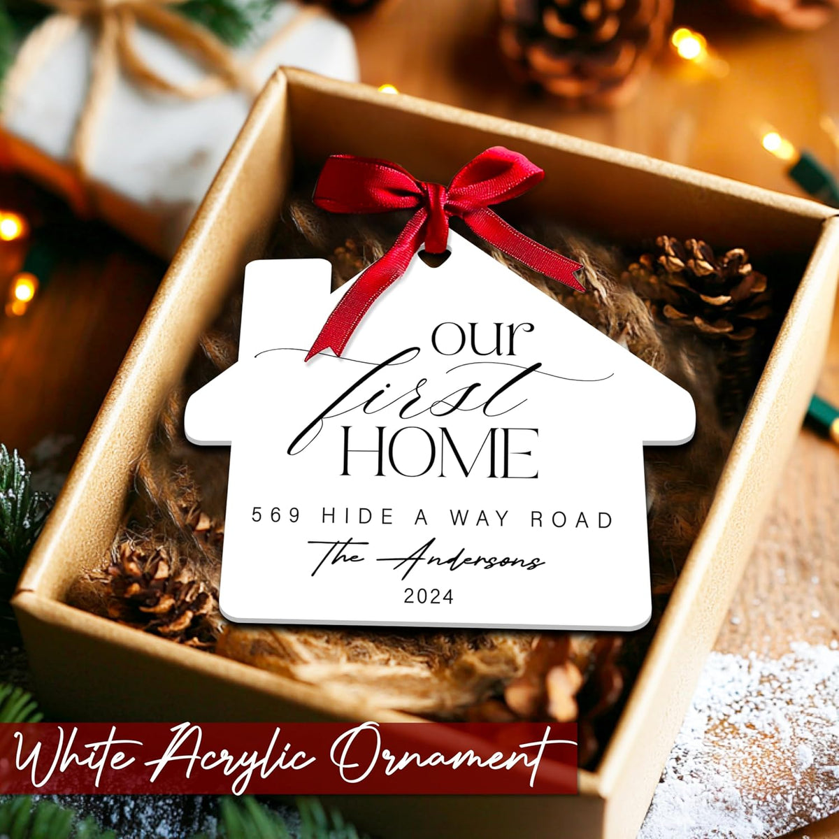 Personalized White Acrylic Xmas Ornaments - Custom Tree Decoration with Names, Address & Year - Unique Holiday Keepsake Gift for Wife & Husband, Christmas Home Decor Our First Home