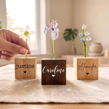 Personalized for Mom - Custom Hand Blown Glass Flower with Name on Wood Base, Birth Month Flower Keepsake, Gift for Grandma Nana New Mom from Daughter Son, Desk Decor