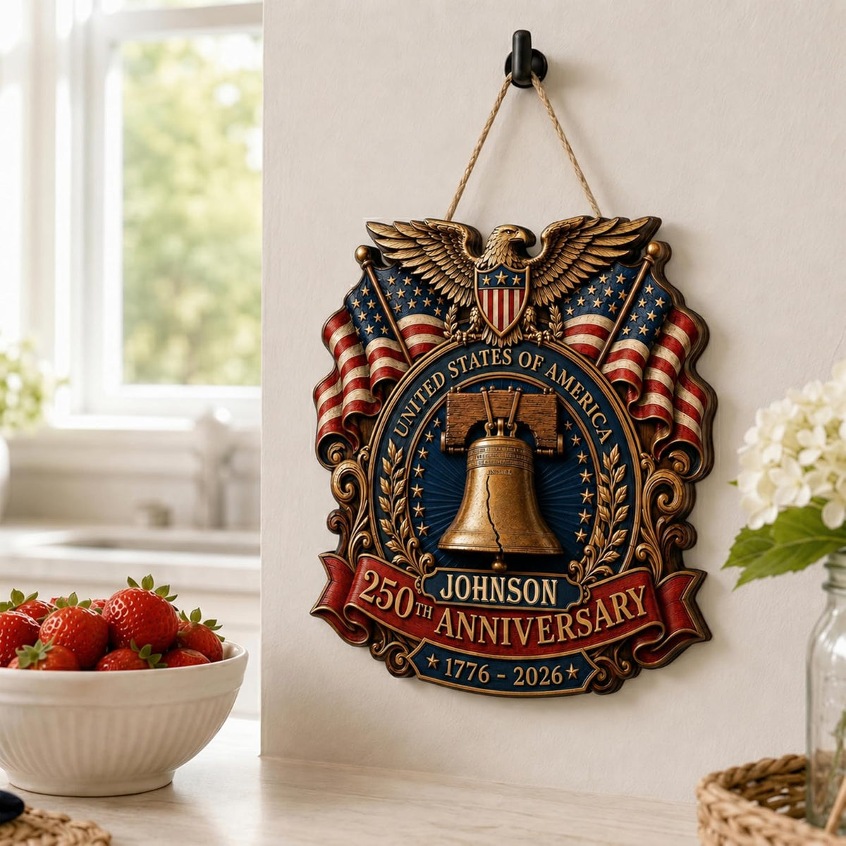 Personalized Eagle Patriotic Door Sign for Front Door, Custom Family Name America 250th Anniversary Wooden Door Hanger, USA 1776-2026 Independence Day 4th of July Wall Decor
