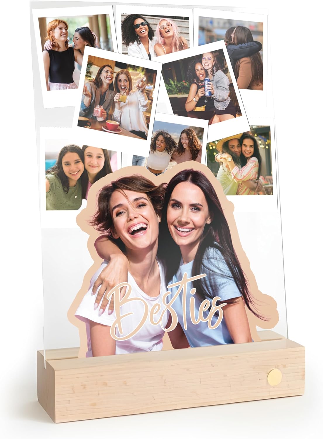 Personalized Besties or Sisters Acrylic Photo Collage Gift with Custom Text & 4–9 Photos – Custom LED or Wood Base Display for Birthday, Friendship, Christmas, Galentine’s Day, Room Decor