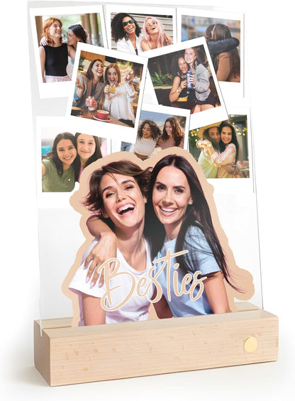 Personalized Besties or Sisters Acrylic Photo Collage Gift with Custom Text & 4–9 Photos – Custom LED or Wood Base Display for Birthday, Friendship, Christmas, Galentine’s Day, Room Decor