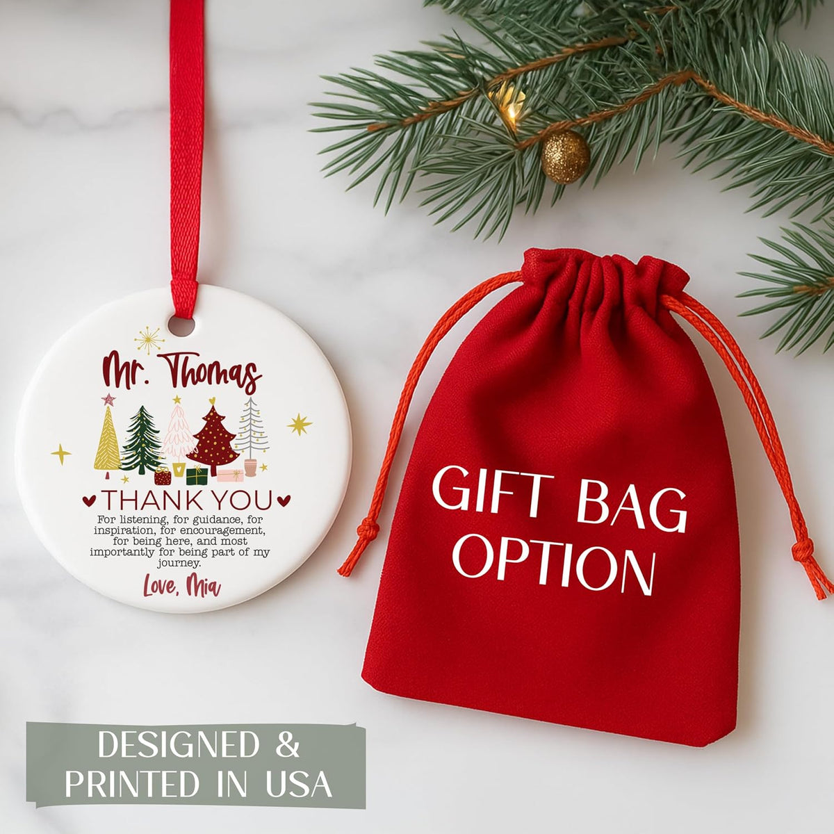 Personalized Teacher Ornament, Custom Name Thank You Gift for Teacher, Mentor or Coach, Ceramic or Acrylic Holiday Keepsake with Message, Appreciation Gift
