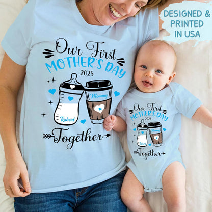 Personalized Mother and Baby Matching Shirt & Bodysuit Set - Custom Our First Mother’s Day 2025 Mommy and Baby Outfit - Customized Mom and Baby Matching T-Shirts in Multiple Colors