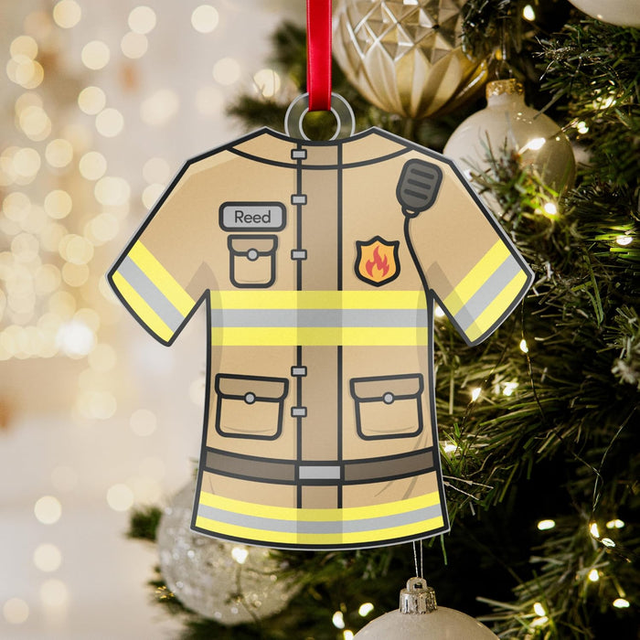 Personalized Firefighter Uniform Ornament – Custom Acrylic Christmas Keepsake with Name on Tan Reflective Design – Fireman Gift for Family, Friends, Hero First Responder Tree Decoration