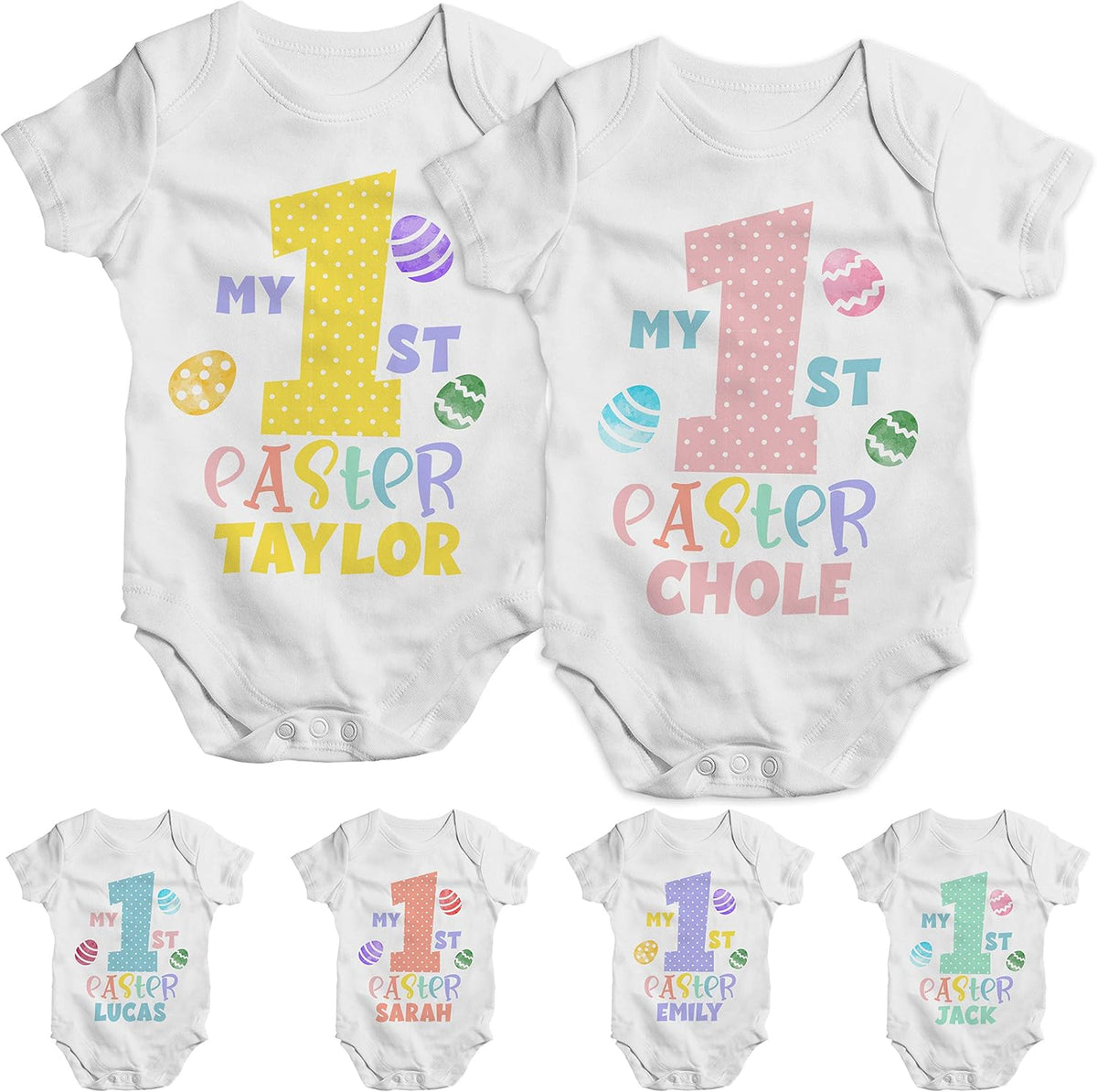 Personalized Easter Initial Baby Onesie Gifts with Name - Customized Girl Bodysuit - Custom Egg Hunt Infant Boy Clothes for New Born, 6 Months, 12 Months, 18 Months and 24 Months - White