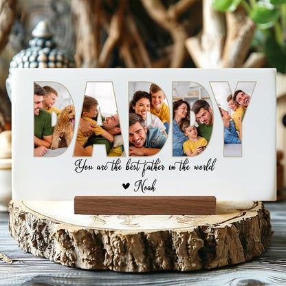 Personalized Father's Day Acrylic Photo Sign with Custom Text – Unique Christmas Gift for Dad, Grandpa, Papa – Custom Keepsake Plaque for Him from Kids – Clear Desktop or Shelf Home Décor