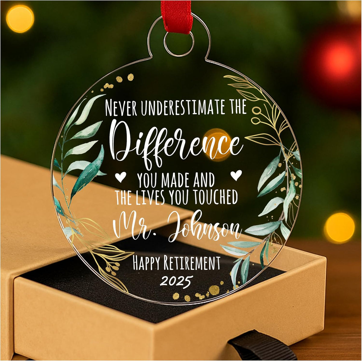 Retirement Ornament Keepsake – Personalized Retirement Gift for Coworker, Boss, Teacher or Nurse – Custom Acrylic Holiday Decoration to Celebrate Years of Service and New Beginnings