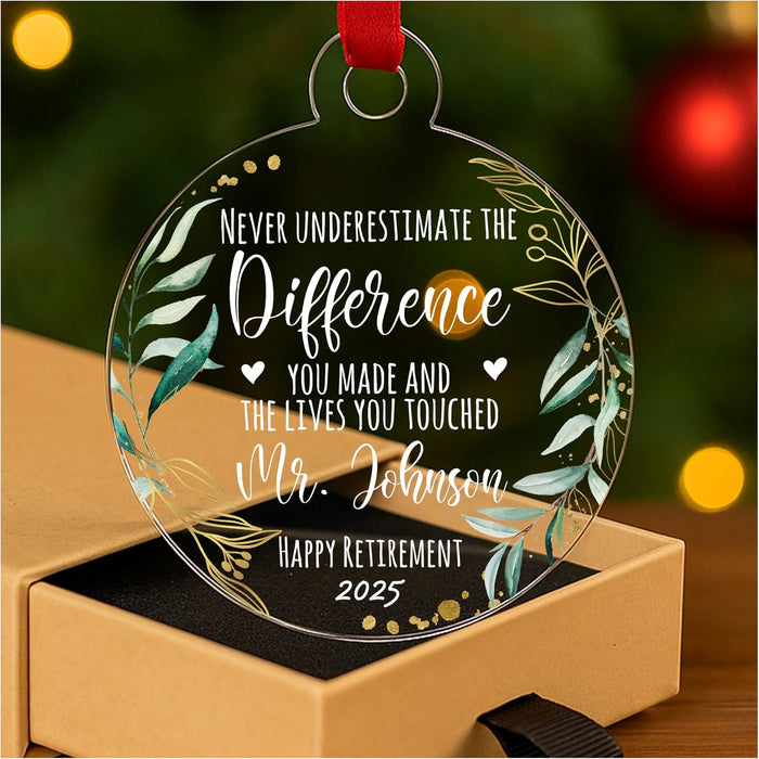 Retirement Ornament Keepsake – Personalized Retirement Gift for Coworker, Boss, Teacher or Nurse – Custom Acrylic Holiday Decoration to Celebrate Years of Service and New Beginnings