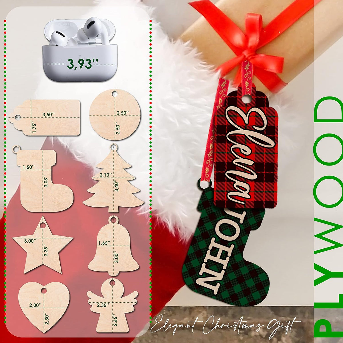 Personalized Wooden Christmas Name Tag, Custom Stocking Tag in 8 Shapes