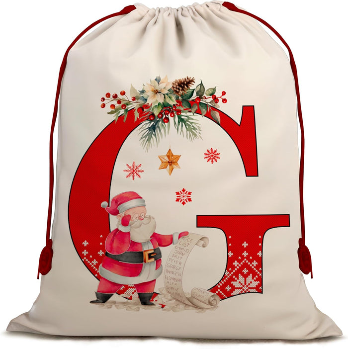 Christmas Gift Santa Sack with Monogram Initials - Holiday Present Bag for Family, Mom & Dad - Pouch for Special Occasions (G)