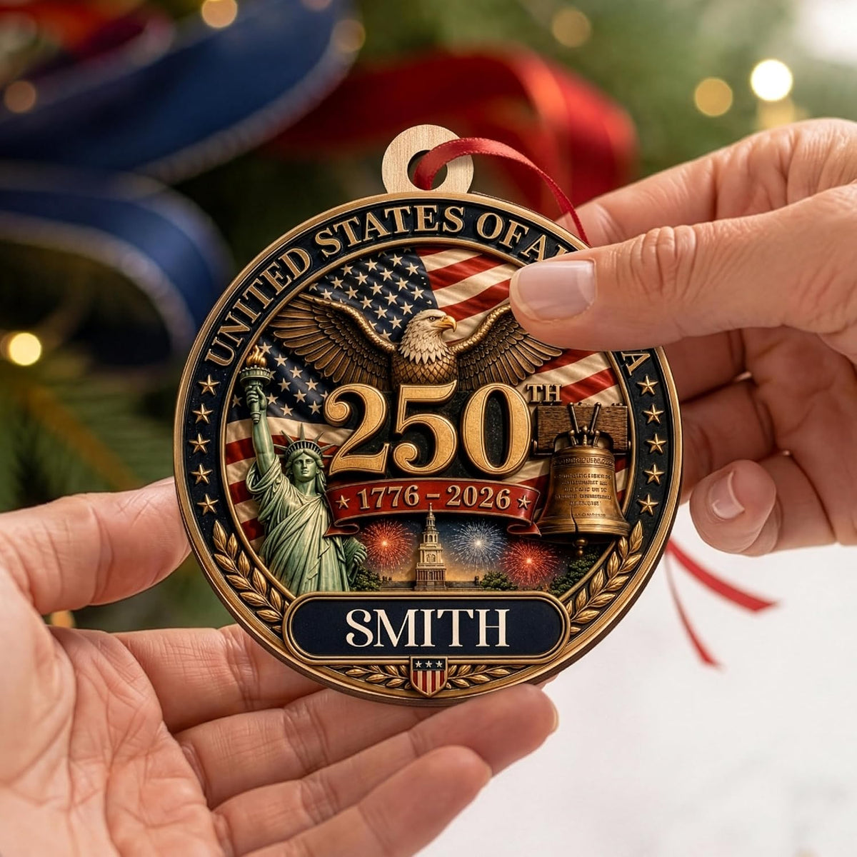 Personalized USA 250th Anniversary Wooden Ornament, Custom Family Name Patriotic Christmas Ornament