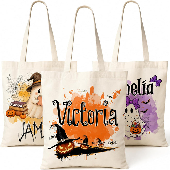 Personalized Halloween Tote Bag with Name, Custom Pumpkin and Ghost Design