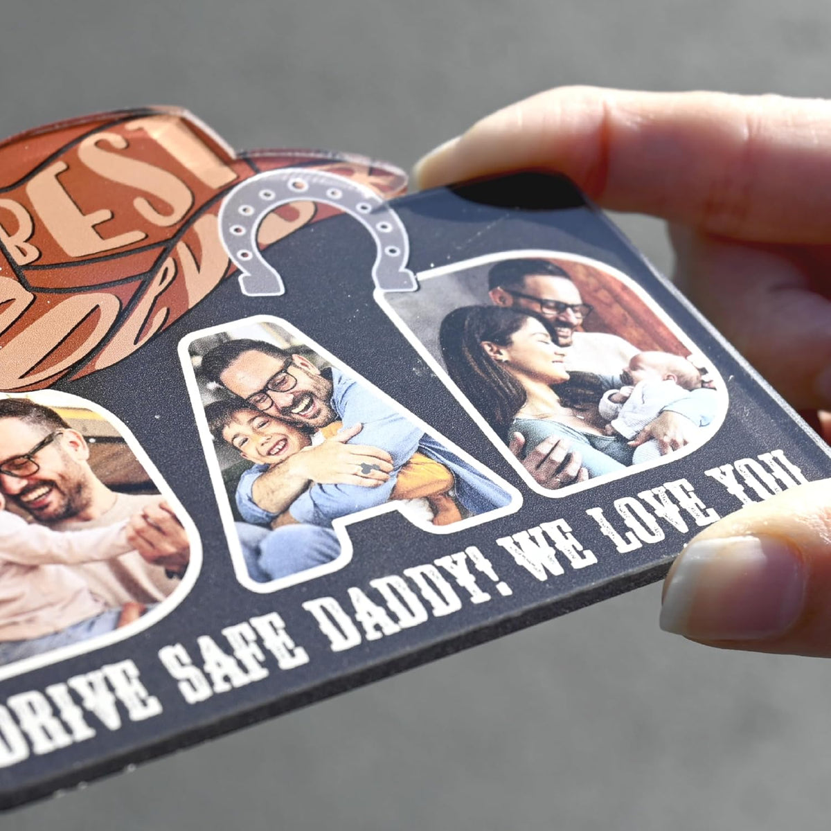 Personalized Cowboy Horseshoe Car Visor Clip – Custom Photo & Message Gift for Dad – Drive Safe Daddy – Cute Father’s Day Car Accessory from Kids – Best Dad Ever