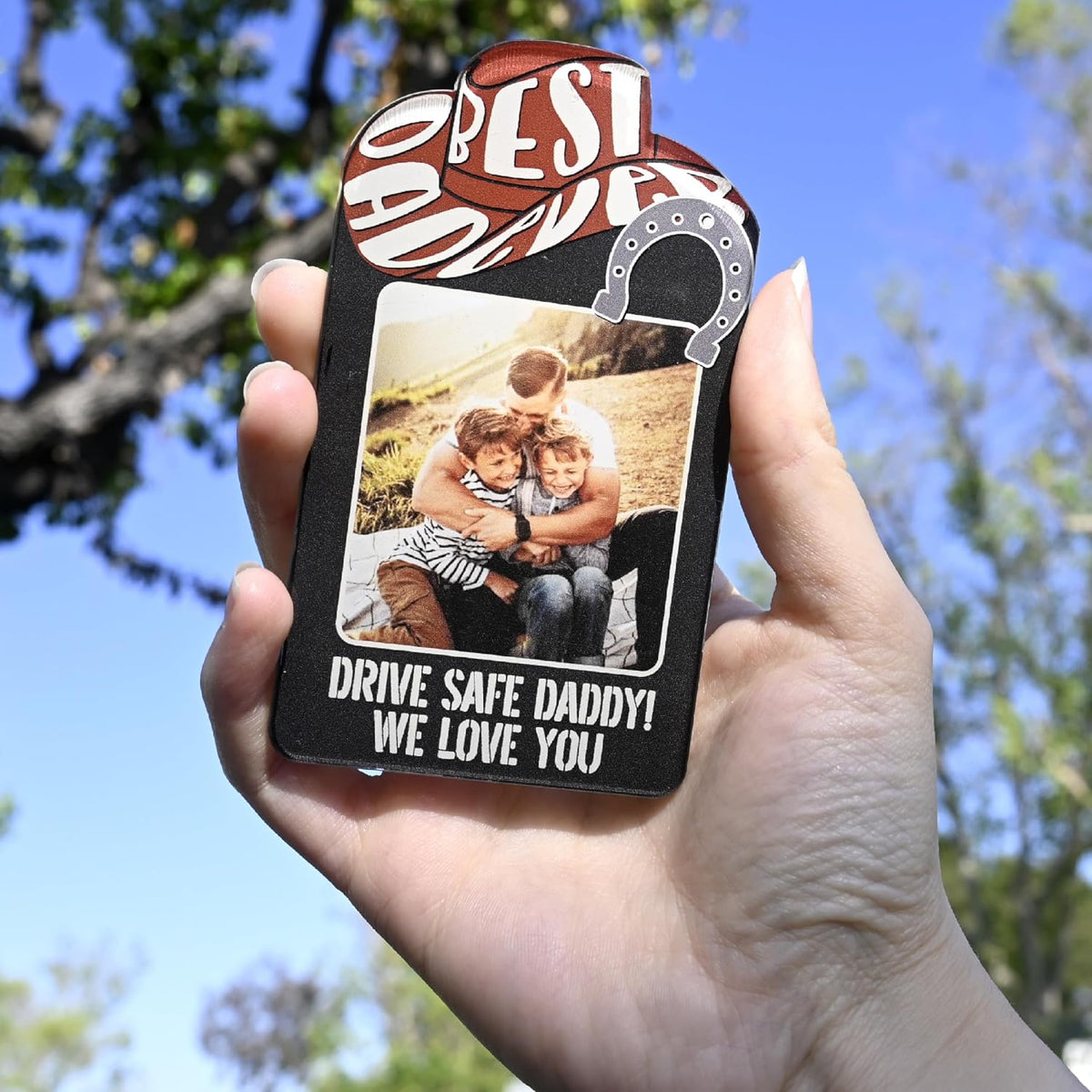 Personalized Cowboy Horseshoe Car Visor Clip – Custom Photo & Message Gift for Dad – Drive Safe Daddy – Cute Father’s Day Car Accessory from Kids – Best Dad Ever