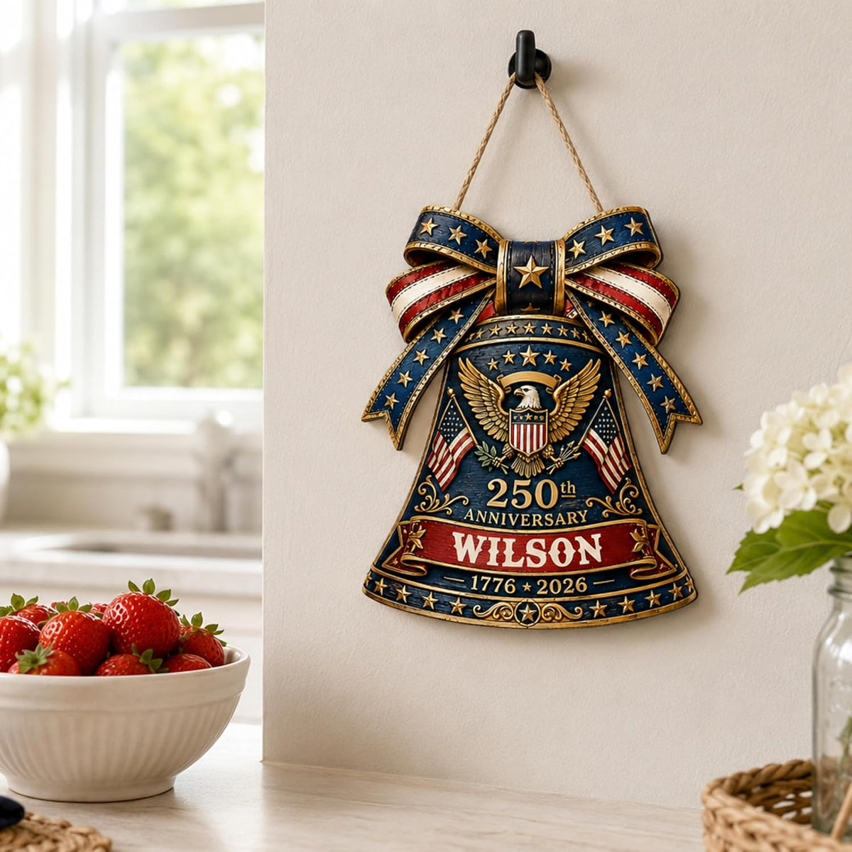 Personalized Eagle Patriotic Door Sign for Front Door, Custom Family Name America 250th Anniversary Wooden Door Hanger, USA 1776-2026 Independence Day 4th of July Wall Decor