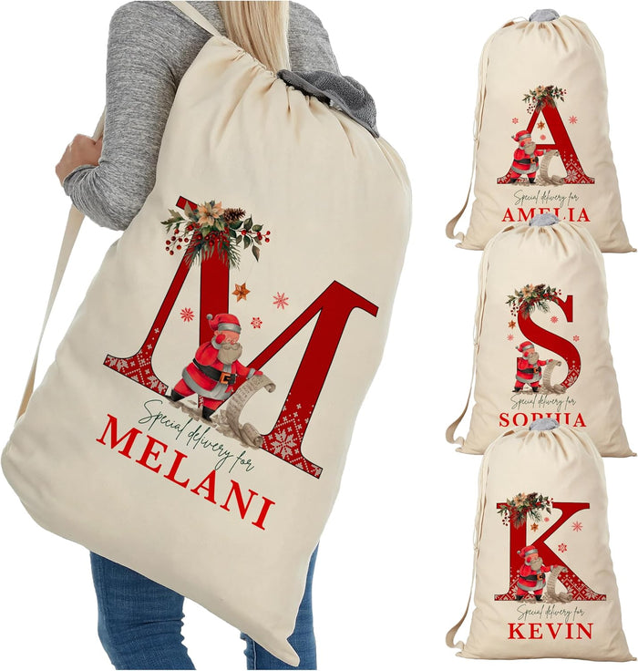 Customized Initial Santa Sack, Personalized Christmas Gifts Drawstring Pouch, Custom Monogrammed Xmas Gift Bag for Holiday Presents