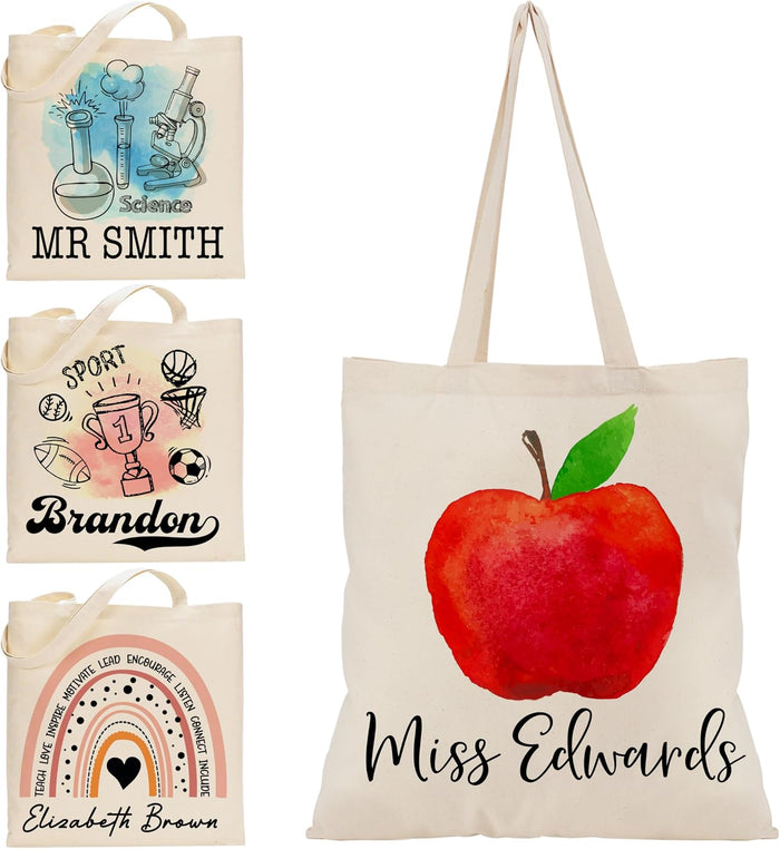 Personalized Teacher Canvas Tote Bag with Custom Name – Cute Apple Rainbow Science Math Design – End of Year Gift for Women Men – Christmas Birthday Mother’s Day Appreciation Bag