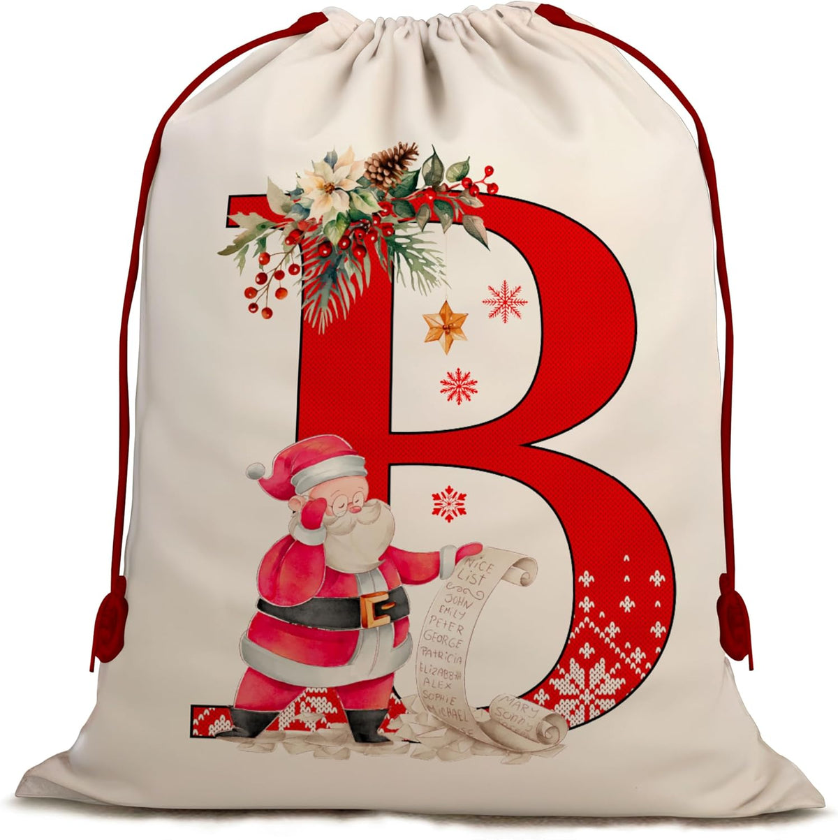 Christmas Gift Santa Sack with Monogram Initials - Holiday Present Bag for Family, Mom & Dad - Pouch for Special Occasions (B)