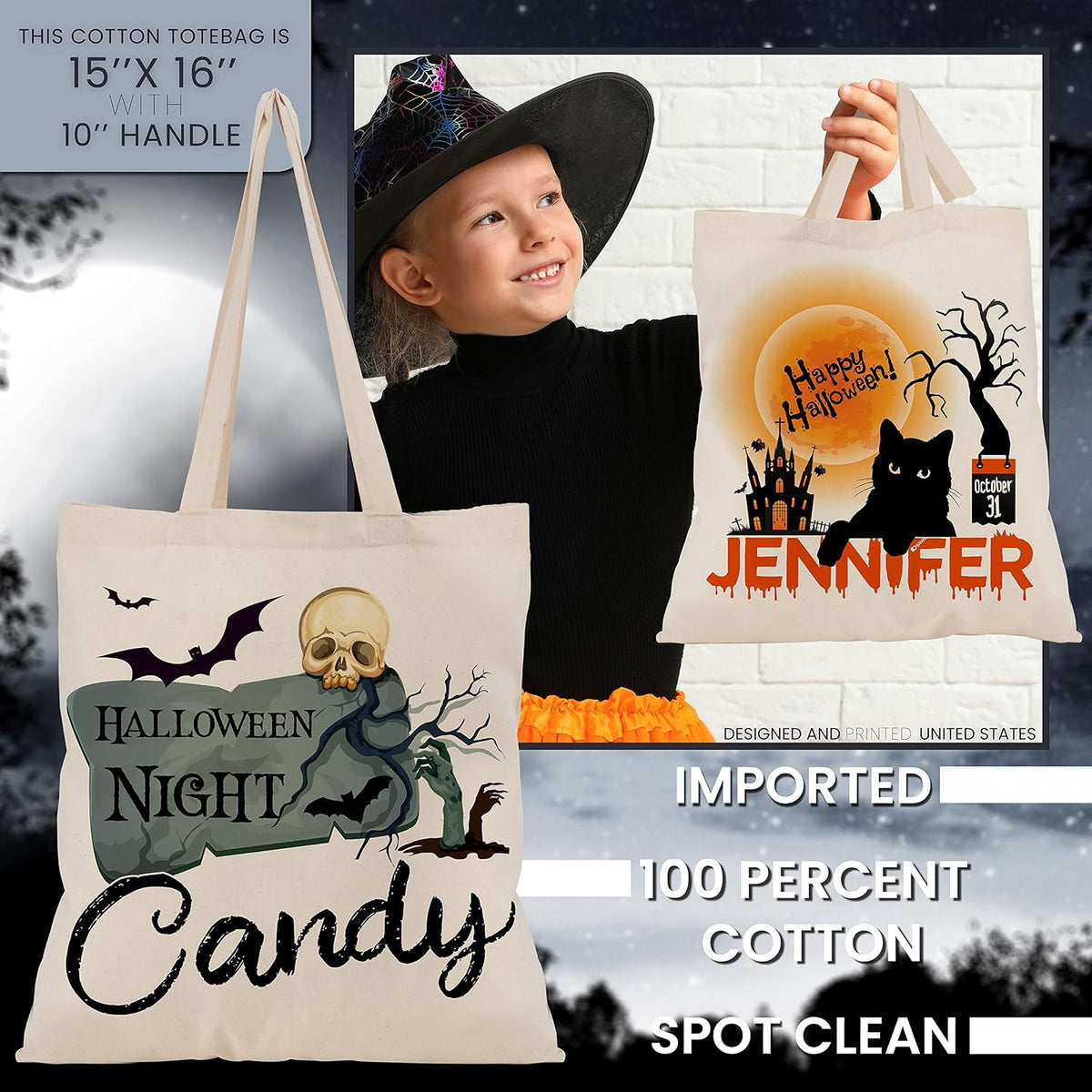 Custom Name Halloween Trick or Treat Canvas Tote Bags - Personalized Reusable 15x16" Gift Bag with Pumpkin, Skeleton, Ghost & Castle - Gift for Halloween Parties